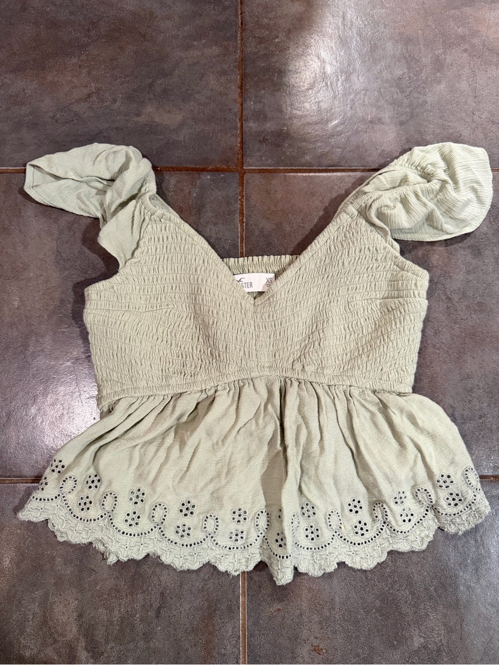 Hollister Smocked V-Neck Peplum Top - Sage Green